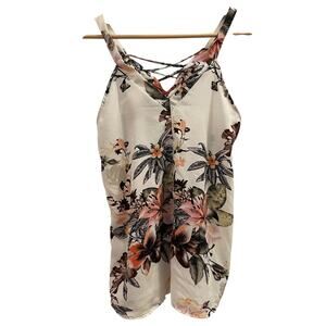 Daytrip Tank Top Womens Medium White Floral Lace Up Back Sleeveless Blouse USA